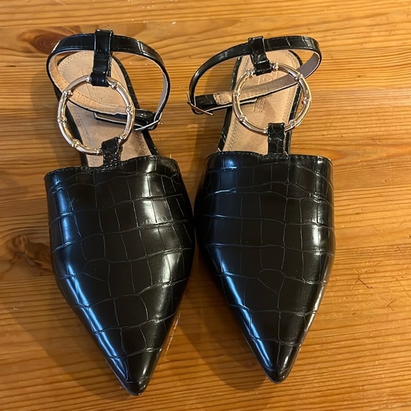 ASOS DESIGN vegan leather ballet flats w/metal bamboo ring in black croc size 5 - Picture 1 of 10
